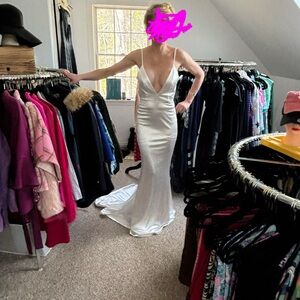 Elegant White Satin Plunging Slip Dress